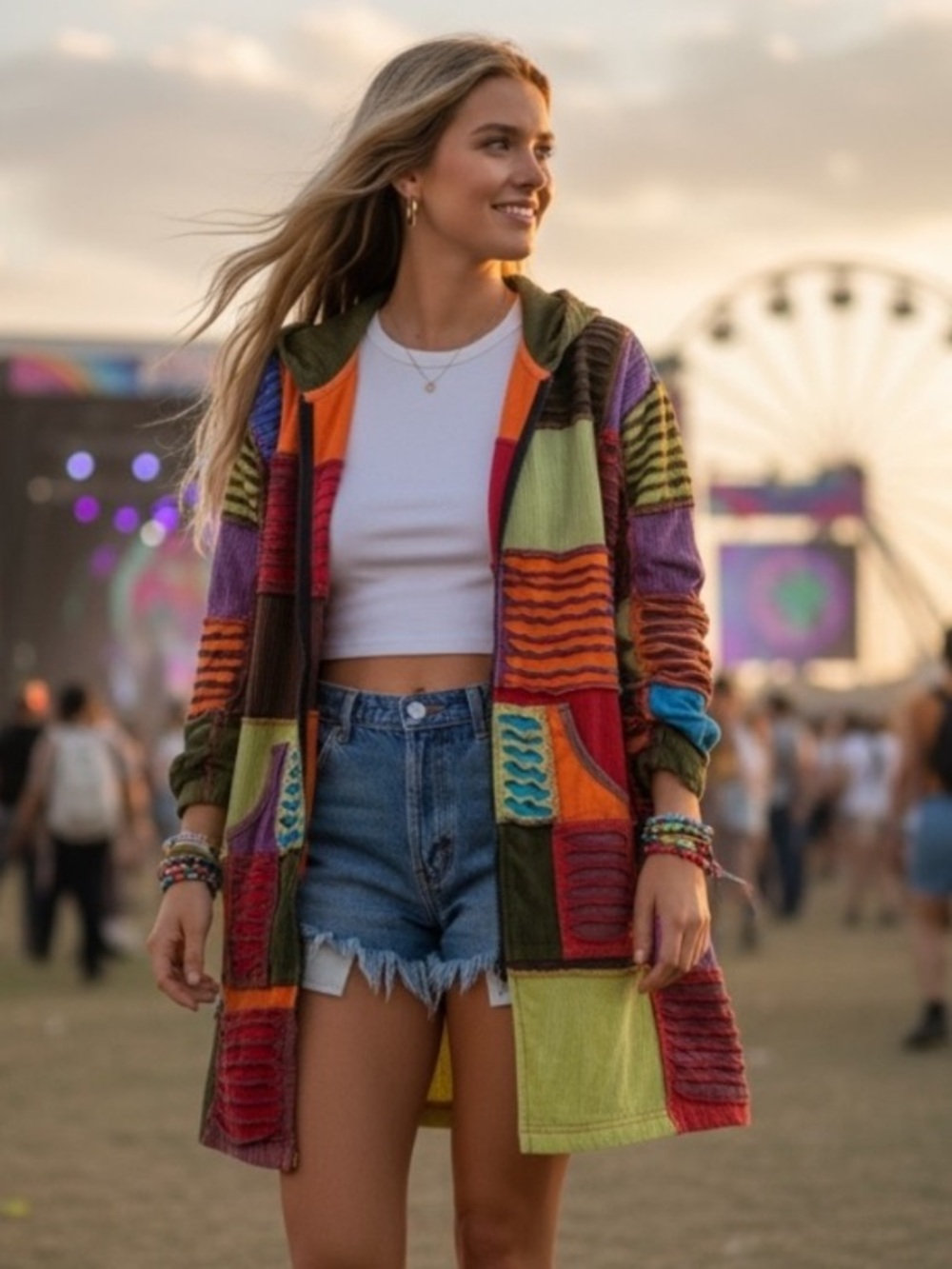 Greater Good Boho Multicolored Patchwork Cotton Hoodie Full Zip‎ Jacket Size 4XL